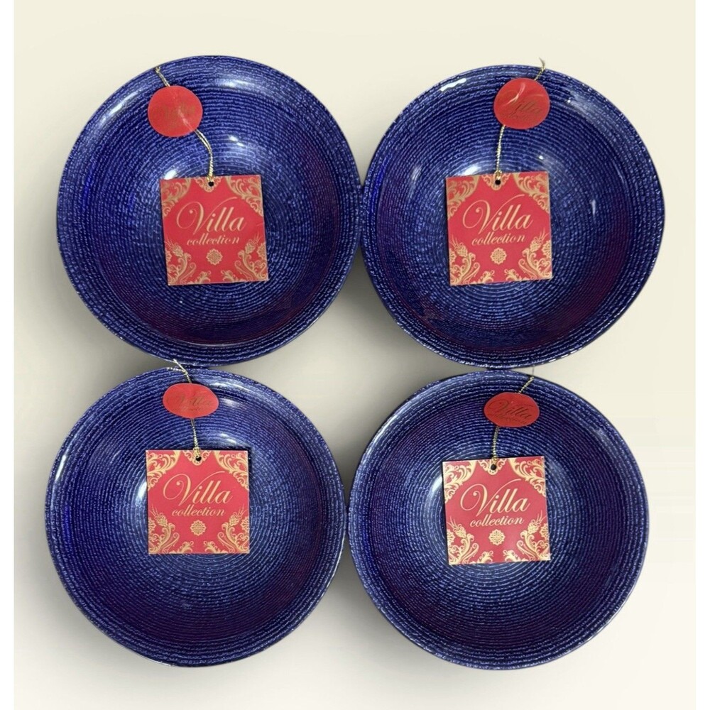 Villa Collection Hand Decorated Blue Glass Bowls Set of 4 Made in Turkey NWT